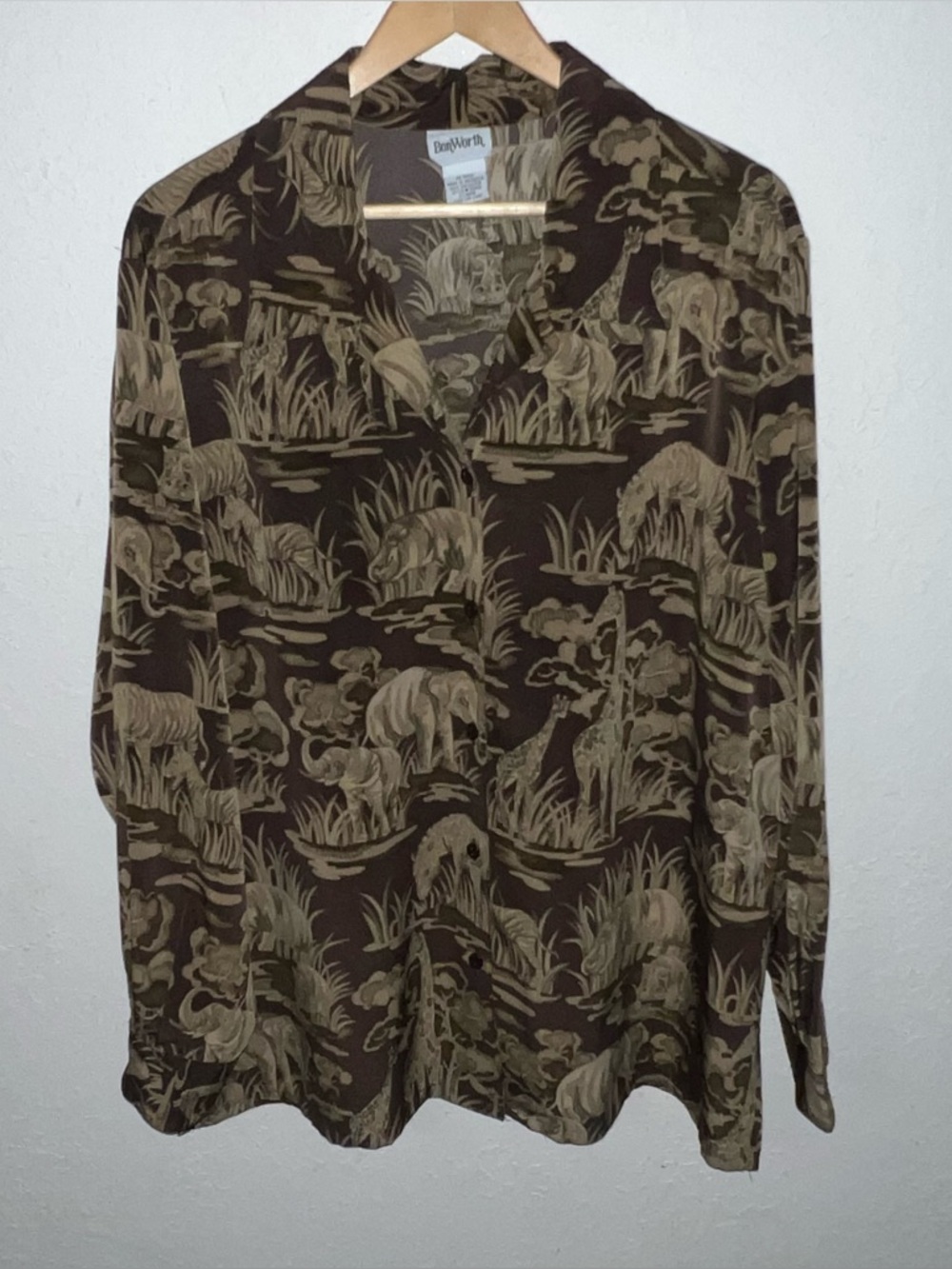 BonWorth Safari Animal Zebra Hippo Giraffe Button Up Long Sleeve Blouse Size XL